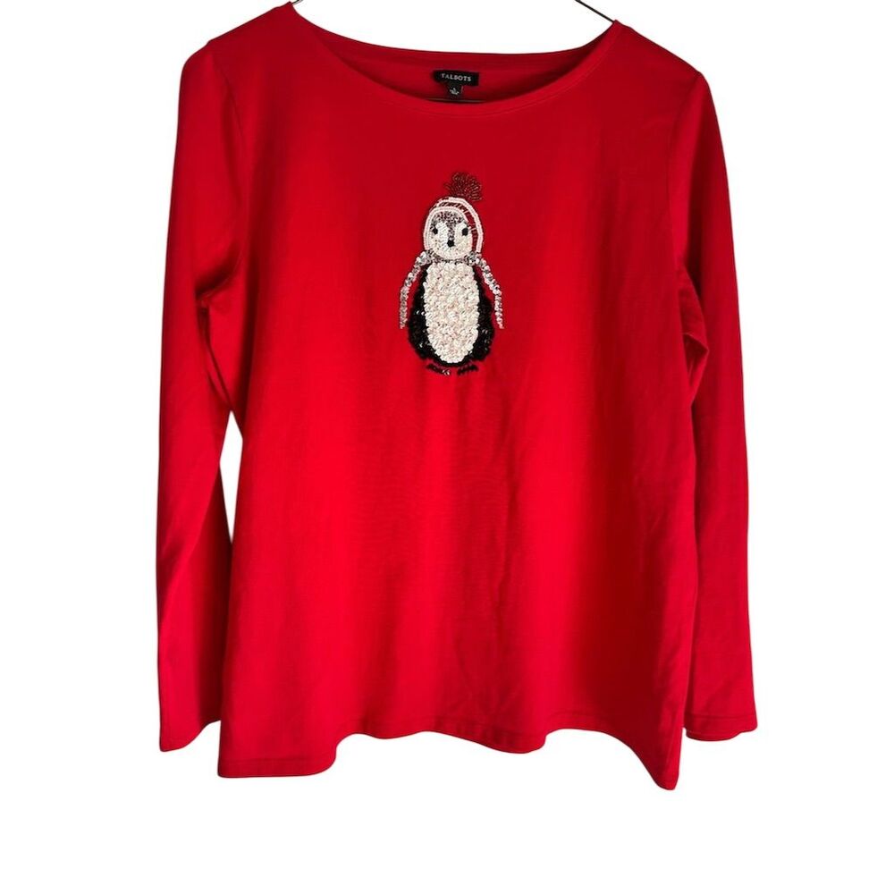 Talbots Women's Standard Size L Red Holiday Top Sequin Penguin Design‎ Pullover